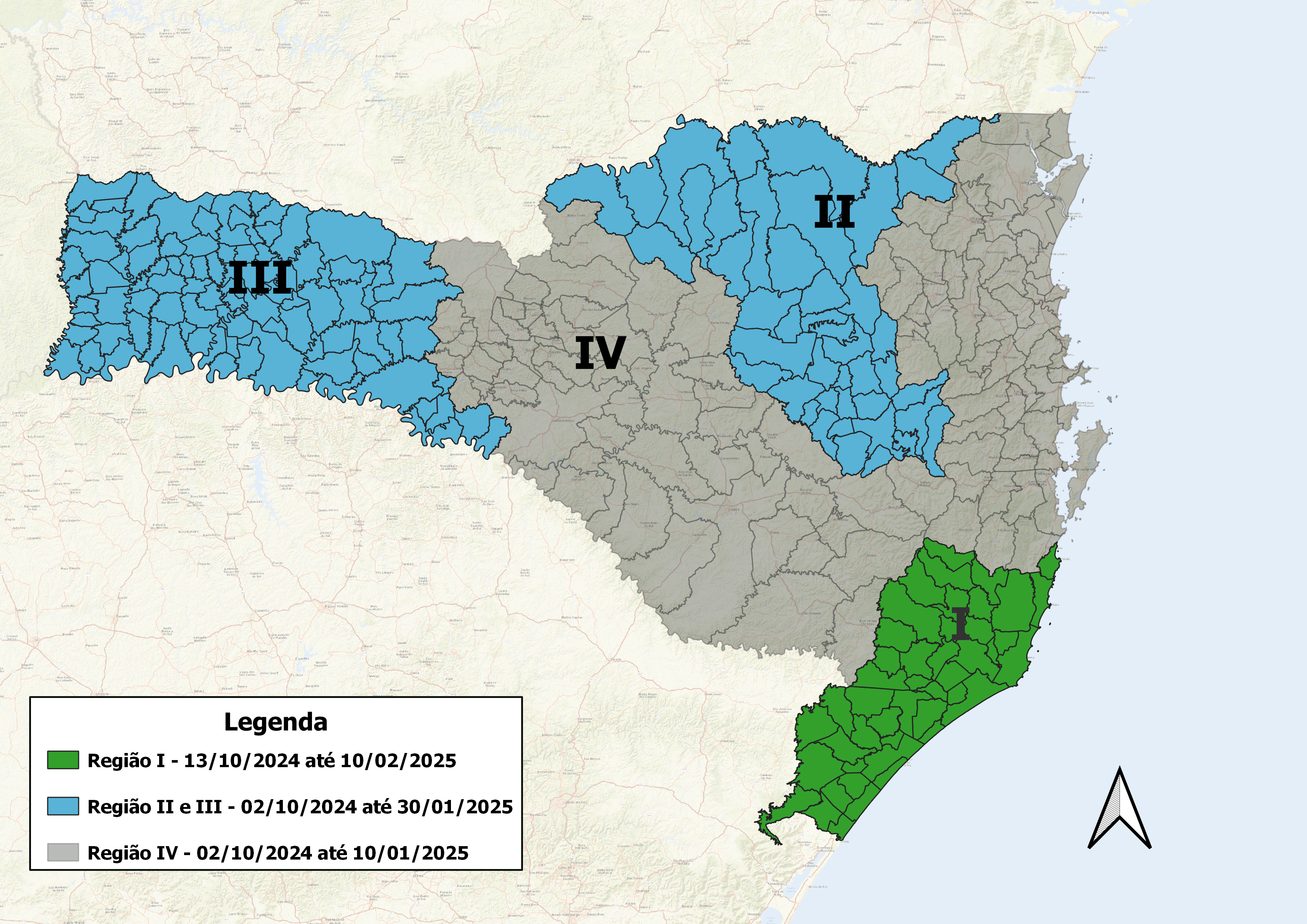 Mapa com a regionalização do calendário de semeadura de soja em SC